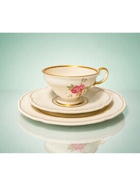 Castleton China 1950s Tea Trio Dolly Madison Pink Rose Cup Saucer Dessert Plate